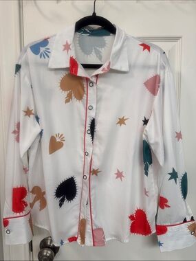 White Button-Up Shirt with Multicolor Heart & Star Prints